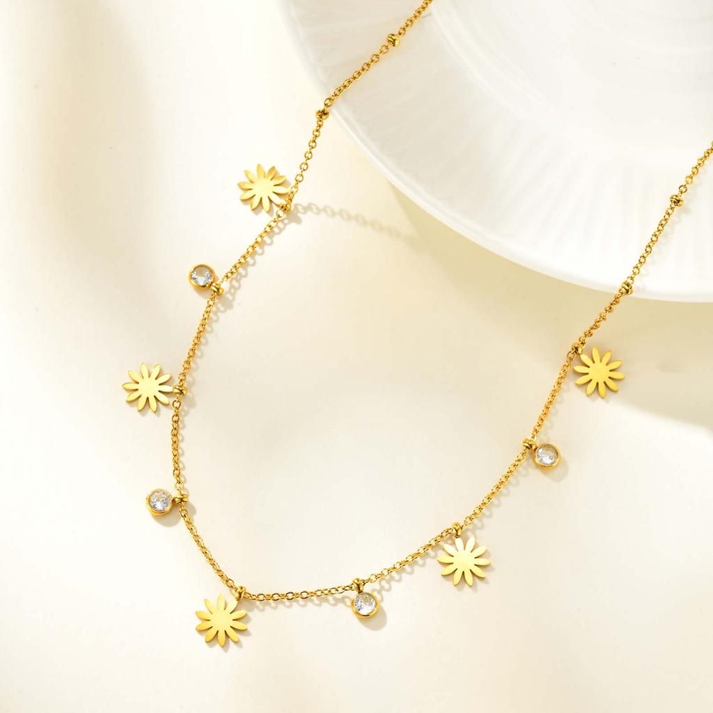 Tiny Small Pendant Necklace for Women,Stainless Steel Fashion Dainty Flower Zircon Choker Necklaces,Charm Jewelry Gifts