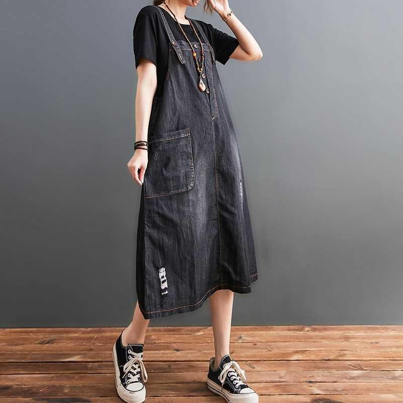 Ladies' Fashionable Loose and Versatile Denim Strap Dress for Slimming