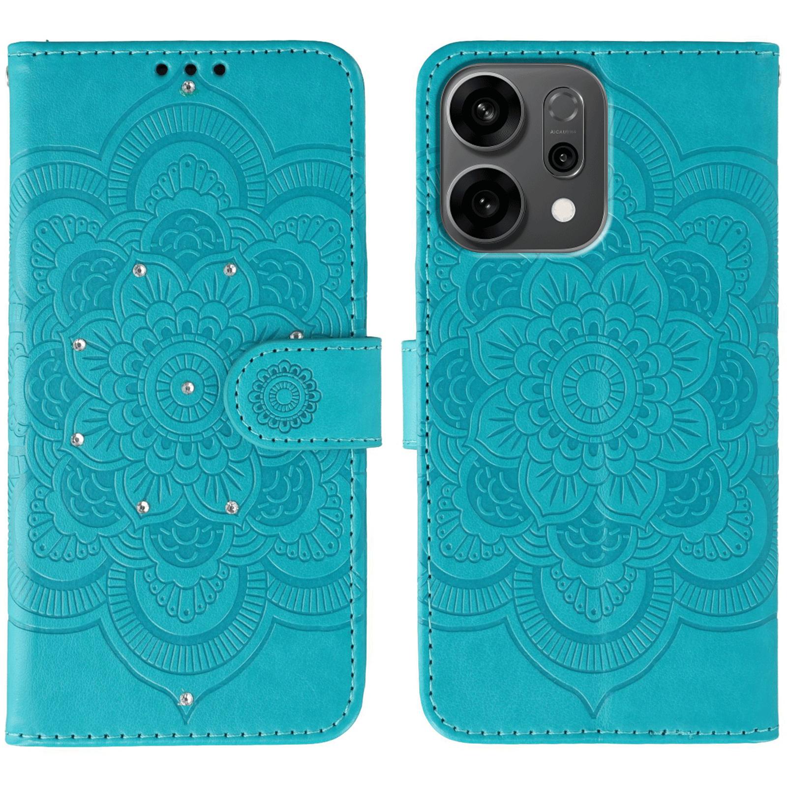 

For Oppo Reno14 5G (Global) Case Rhinestone Decor PU Leather Mandala Imprinted Design Phone Cover with Wrist Strap Blue