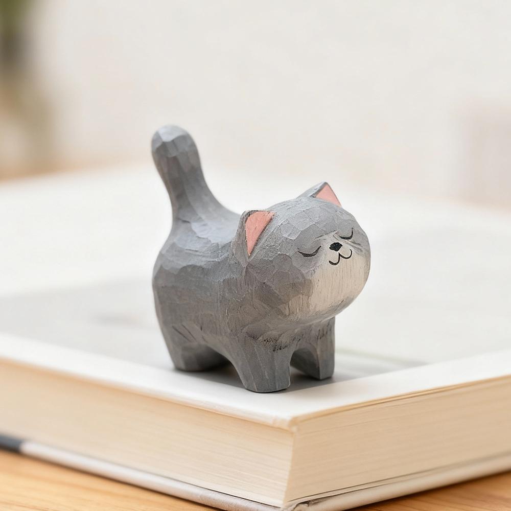 Cute Cat Animals Figurine Decorative Wooden Ornament Miniature Kitten Coffee Home Bedroom Office Desk Decoration Gift Statue