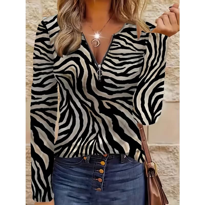 Women's Creative Printed Zipper Long-sleeved T-shirt, Breathable, Soft and Comfortable, Suitable for All-year-round Casual Wear