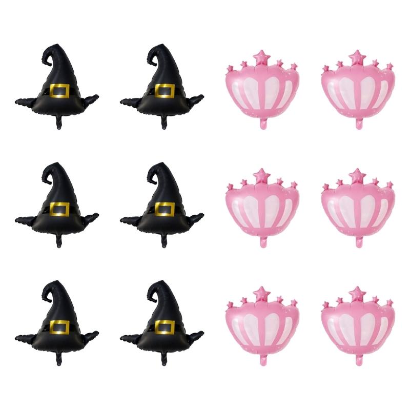 12Pcs Wicked Party Balloons Accessory Set Wicked Party Balloons Black Witch Hat and Pink Princess Crown Decoration