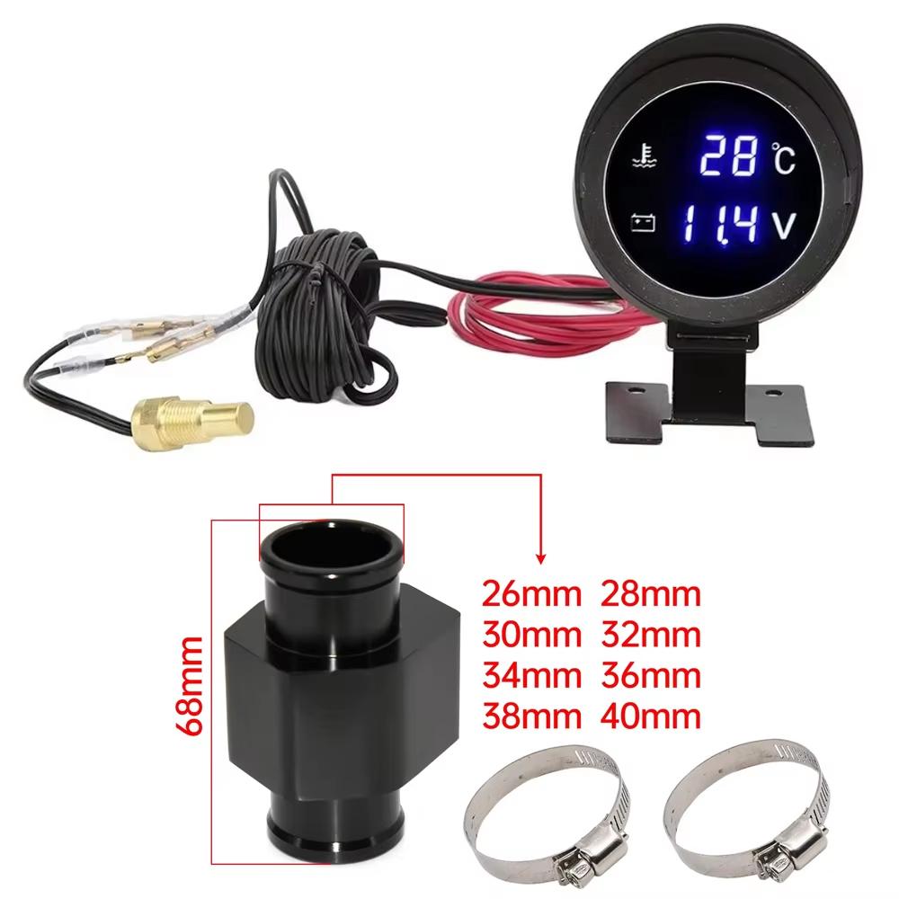 2 in 1 Round LED Water Temp Gauge & Voltmeter with 10mm 1/8 NPT Sensor 26mm-40mm Pipe for 12V/24V Car Truck Motorcycle