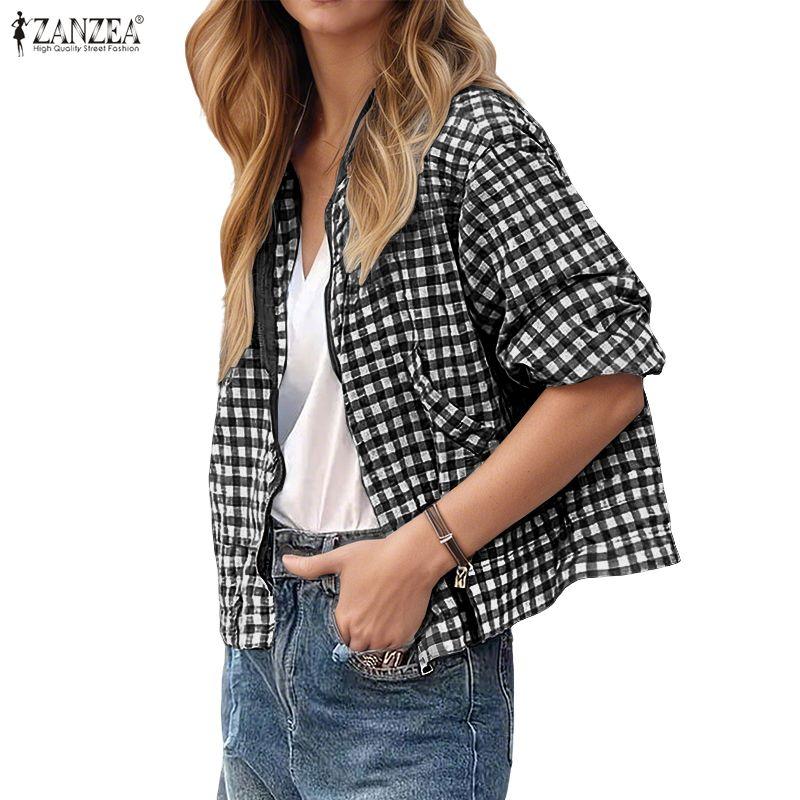 ZANZEA Women Casual Round Neck Long Sleeve Plaid Print Zipper Blouse