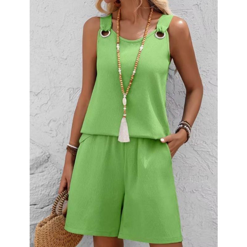 Western Spring Summer Fall New Solid Color Craft Fabric Double Pocket Sleeveless Top and Shorts, Vacation Style Elegant Casual Set