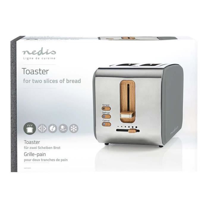 Grille-pain 2 tranches Nedis KABT510EGY - Gris - 6 modes de dorage - Fonction dégivrage