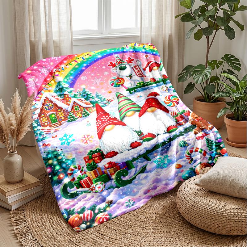 Festive Christmas Gnome with Tree and Heart Theme Blanket Lightweight Warm Flannel Blanket Decorative Throw Blanket for Home Decoration