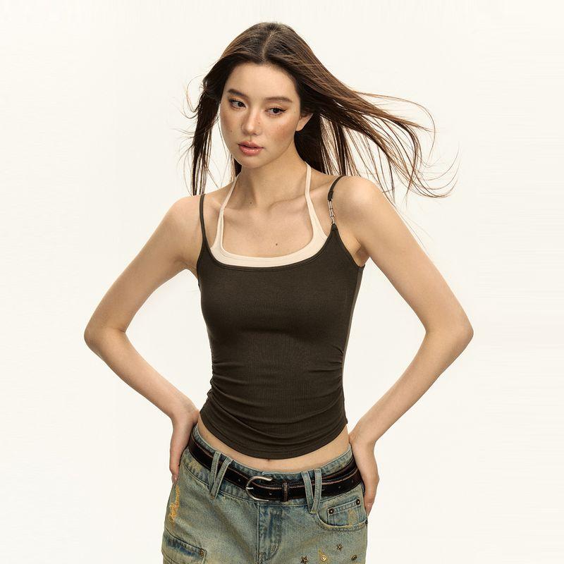 

Ariseism American Retro Stylish Halter Spaghetti Straps Deep coffee S