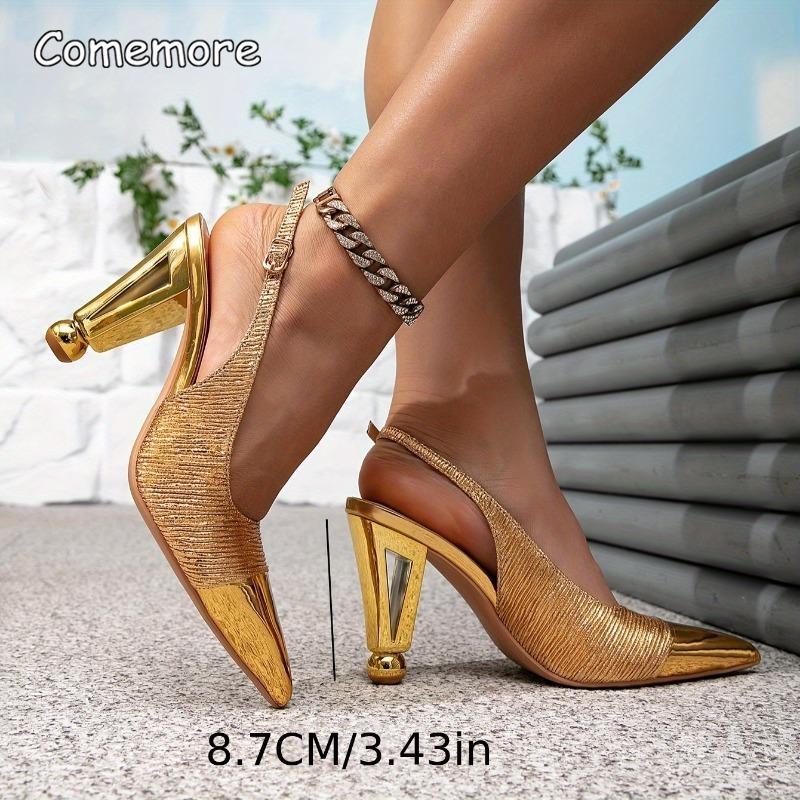 Golden Women's High Heel Sandals Fashion Party Banquet Dress Shoes Strange Heels Pointed Toe Ankle Strap Ladies Pumps Elegant
