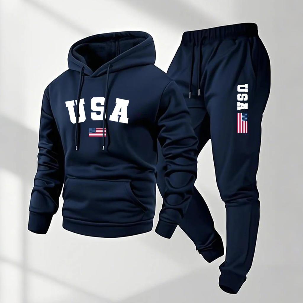 New casual sweater USA flag print hooded suit autumn and winter sports European and American trend men's and women's sweatpants