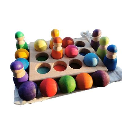 Holzspielzeug für Kinder Farbsortierung Holzkugeln Regenbogen & Pastellfarbene Kugeln mit Tablett Unbemalte Tasse Montessori Steckfiguren und Ringe