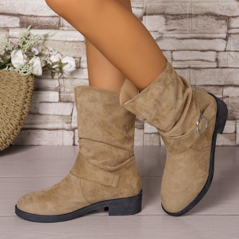 Plus Size Women's Spring Wrinkled Belt Buckle Boots Block Heel Below Knee Slimming Mid-Calf