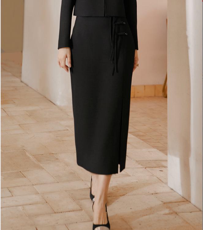 Beige Chinese Style OL Midi Skirt Set with Round Neck and Front Slit