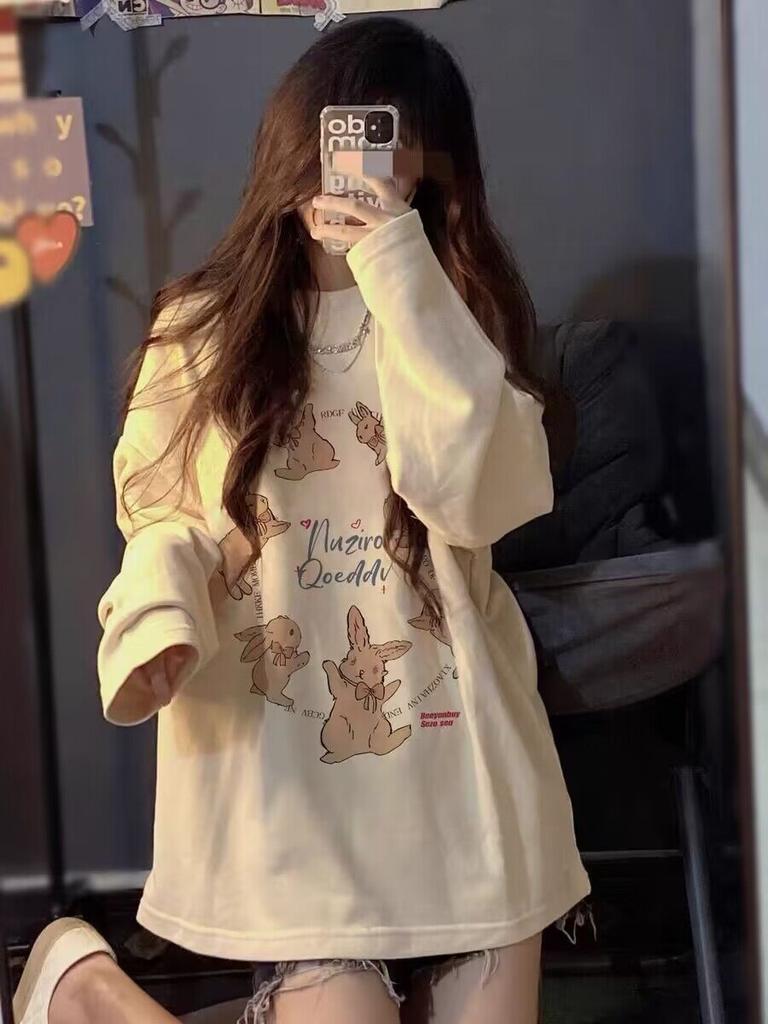 Women's Round Neck Long Sleeve Oversized Tunic Top Sweet Cartoon Rabbit Print Casual Blouse