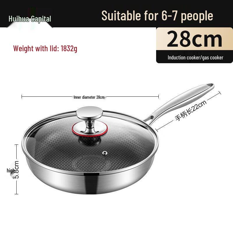 HUIHUADU 28cm 304 Stainless Steel Non-Stick Frying Pan with Lid