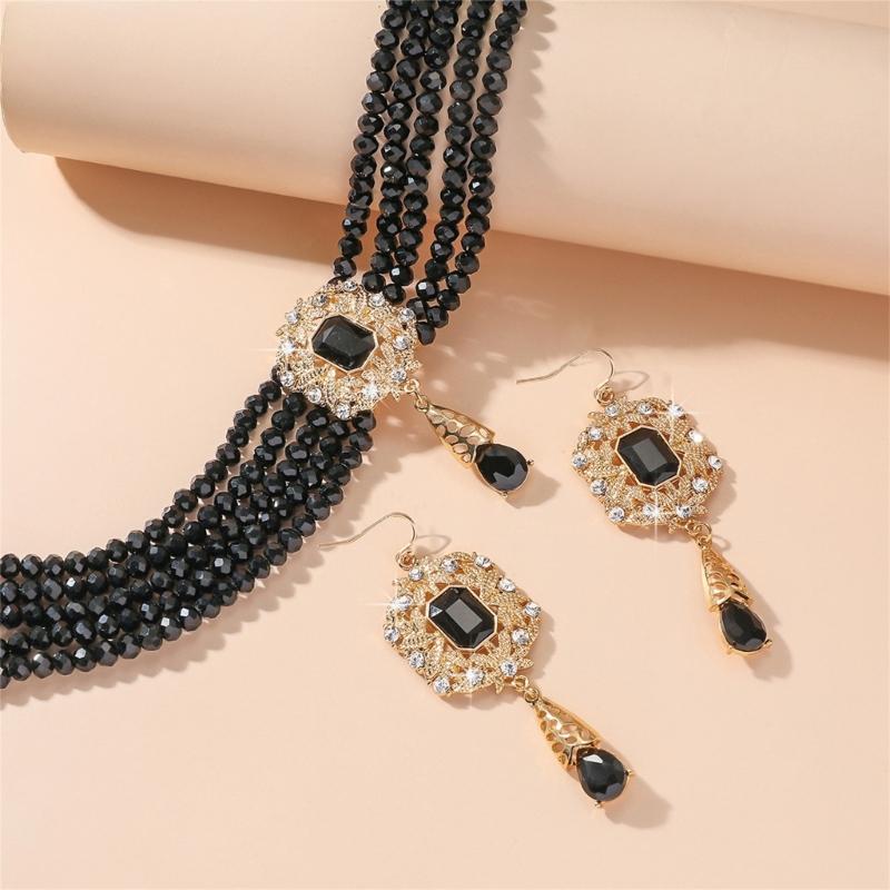 Stylish Layer Rhinestones Waterfall Necklace With Matching Earrings Jewelry Set
