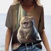 Women's Kawaii Cat Print 3D T Shirt Short Sleeve V Neck Tees Casual Holiday Top Female T Shirt