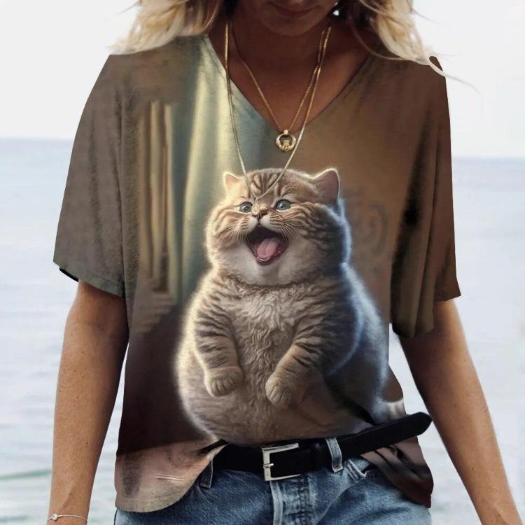 Women's Kawaii Cat Print 3D T Shirt Short Sleeve V Neck Tees Casual Holiday Top Female T Shirt