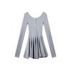 Vestito Lungo Grigio Spice Girl Donna Autunno Vita Gonna a Trapezio