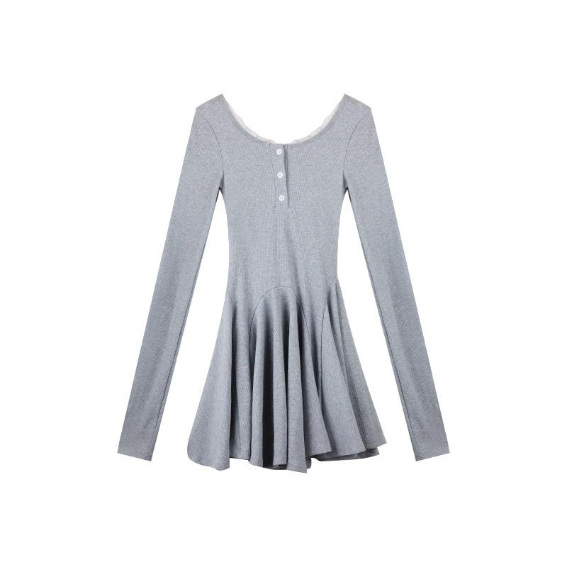 Vestito Lungo Grigio Spice Girl Donna Autunno Vita Gonna a Trapezio