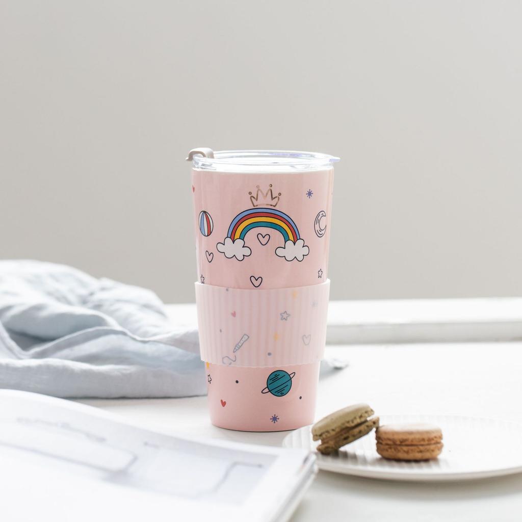 Cartoon Creative Ceramic Cup with Lid for Girls Heart Coffee Cup with Straw High looking Cute Water Cup
