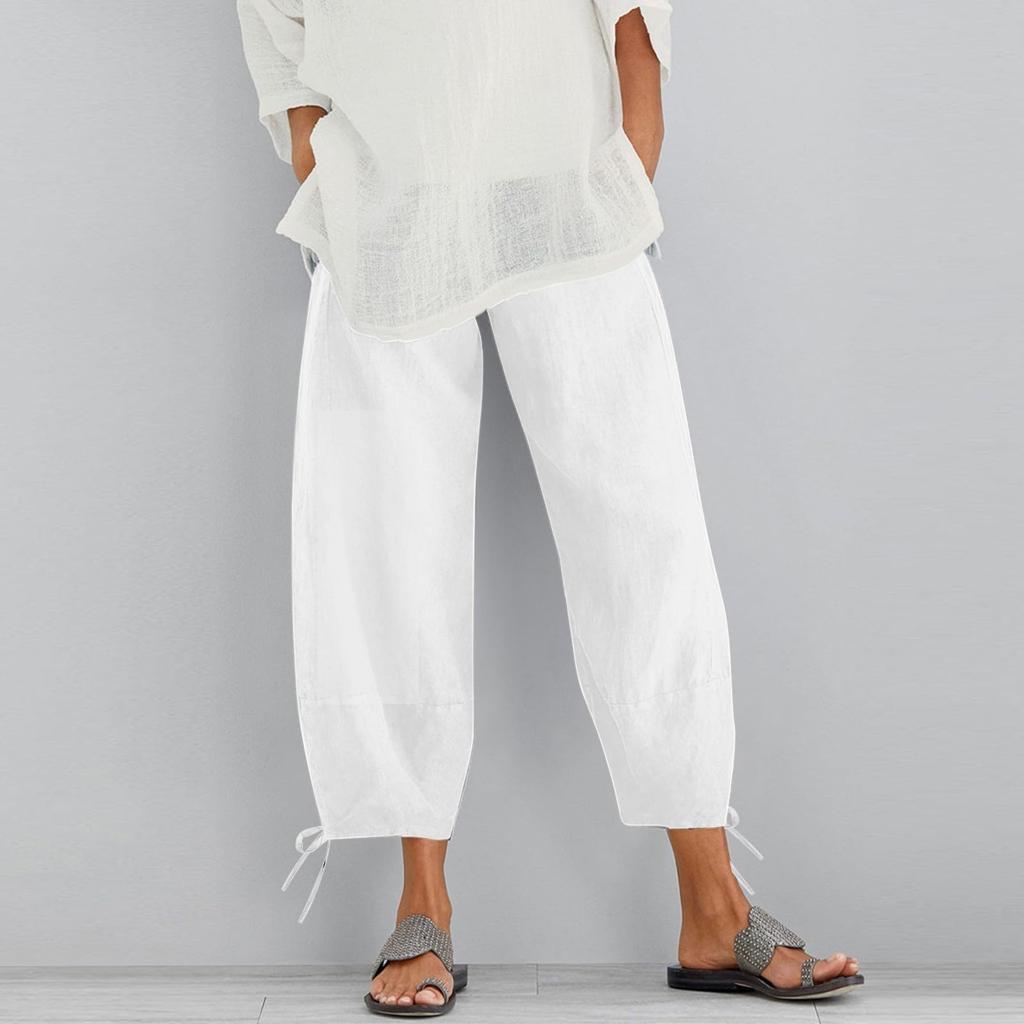Hosen für Damen, lässig, Sommer, einfarbig, elastisch, hohe Taille, Baumwolle und Leinen, lockere Hosen, Crop-Hose