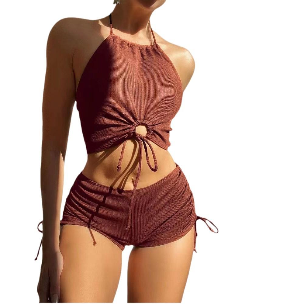 European & American Women’s Hot Spring Conservative Solid Color Backless Bikini Swimsuit