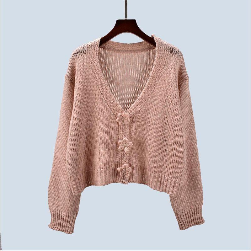 Gentle Stylish Woven Flower Pearl Buckle Knitting Sweater Cardigan Coat Loose Short Long Sleeve Autumn Women