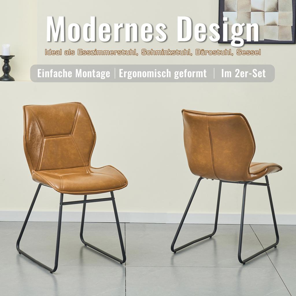 Dining Chairs Set of 2, Faux Leather Chairs with Metal Frame, Upholstered Kitchen Chairs for Dining Room, Living Room, Office, Cognac Brown