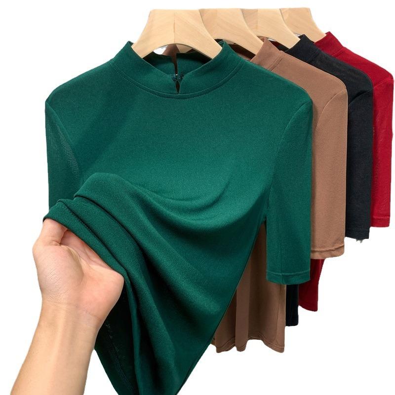 

Сетчатая женская футболка со средними рукавами, новая осенняя, воротник-стойка на плечах, внутренняя нижняя часть рубашки, дизайн верхней части, нишевая женская L зелёный