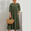 Fashion Solid Lantern Sleeve Summer Dress Women Vintage Loose Cotton Linen Casual Dress Woman Pocket Office Lady Dresses Plus Size 24196