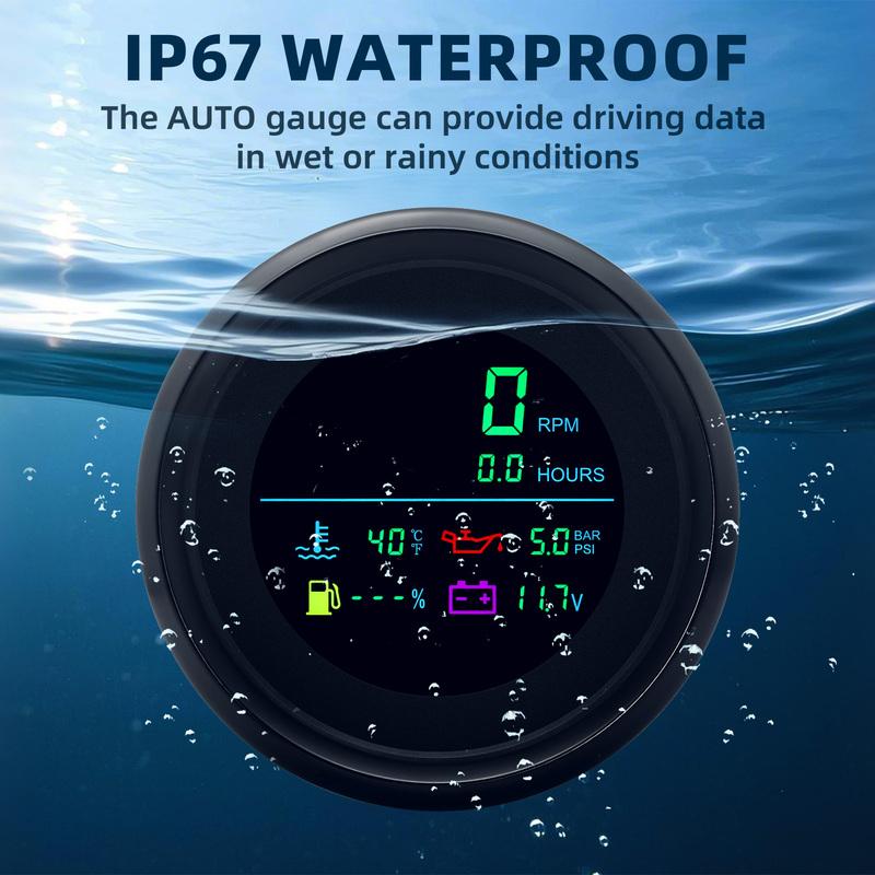 85mm 6 In 1 Multi-Function Tachometer Fuel Gauge Water Temp Oil Pressure Voltmeter LCD Display For Marine Boat Car 12V24V