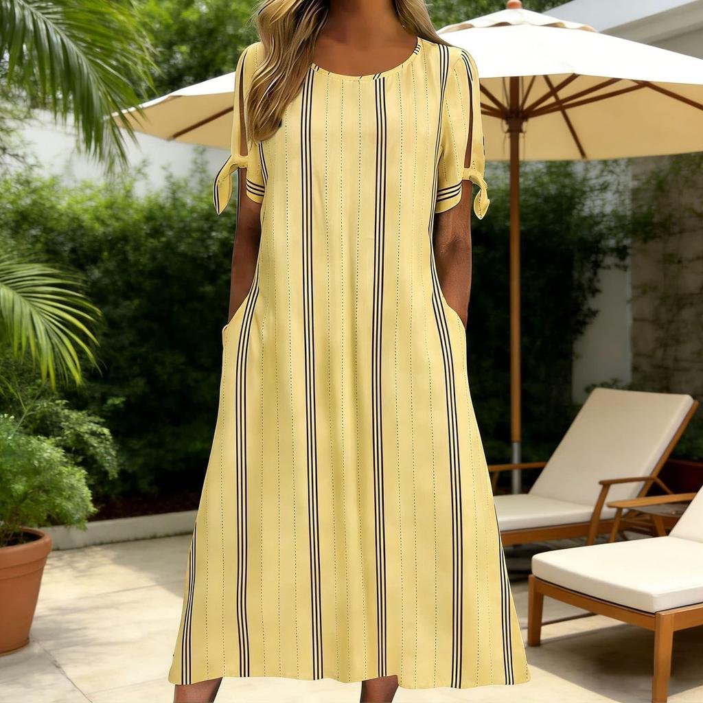 Women Summer Casual Round Neck Striped Dress Short Sleeve Loose Fit Midi Dress with Side Tie Sleeves and Pockets