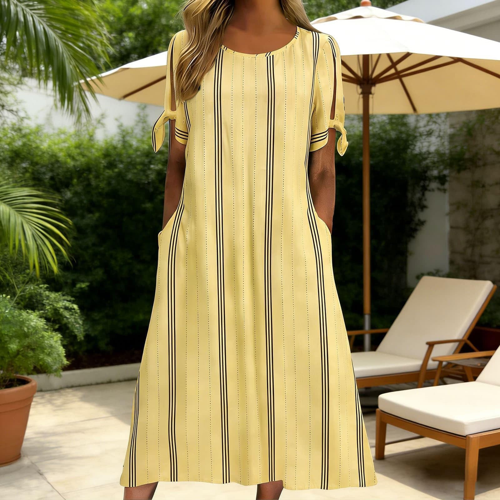 

Women Summer Casual Round Neck Striped Dress Short Sleeve Loose Fit Midi Dress with Side Tie Sleeves and Pockets S жёлтый