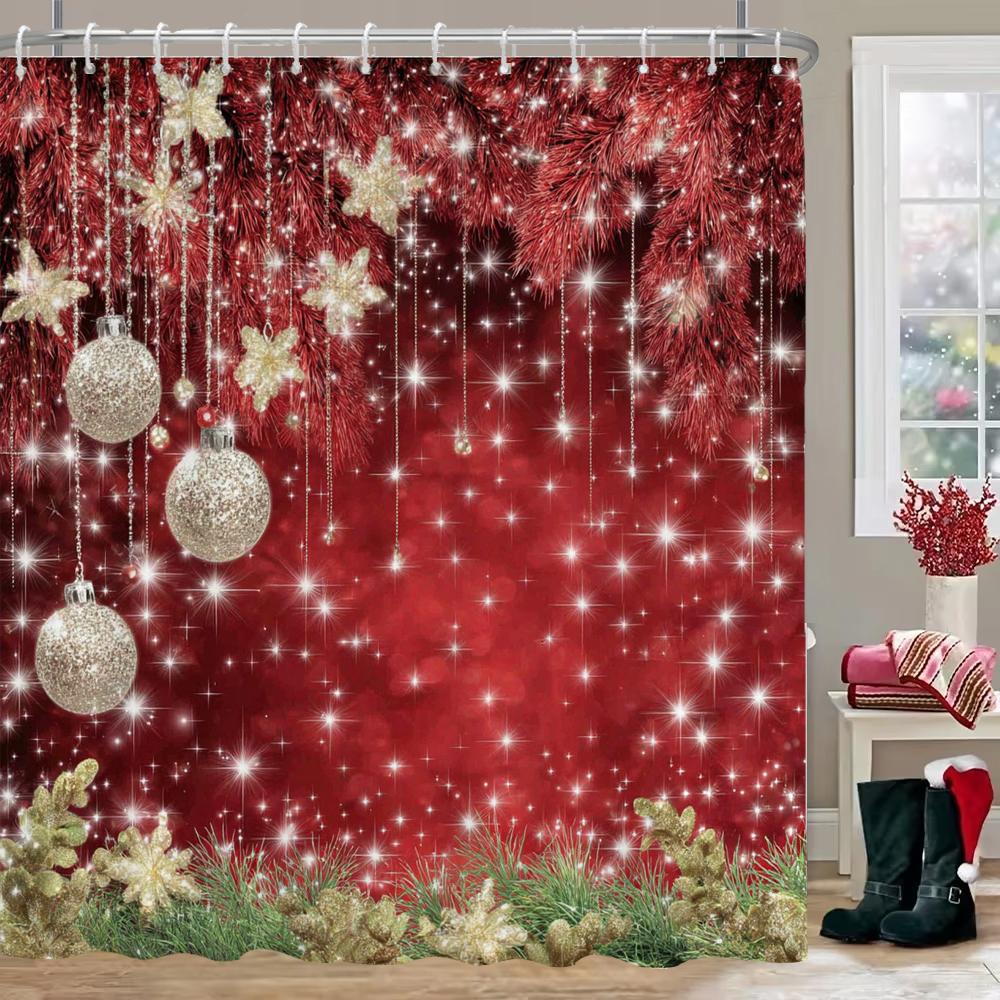 Christmas Shower Curtain, Red Christmas Snowflake Bell Bathroom Curtain Decoration Set With Hook Fabric Christmas Gift