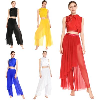 Womens Lyrical Dance Outfit Sequin Embroidery Bow Decor Sleeveless Back Hollow Crop Top Built-in Briefs Wide Leg Pants