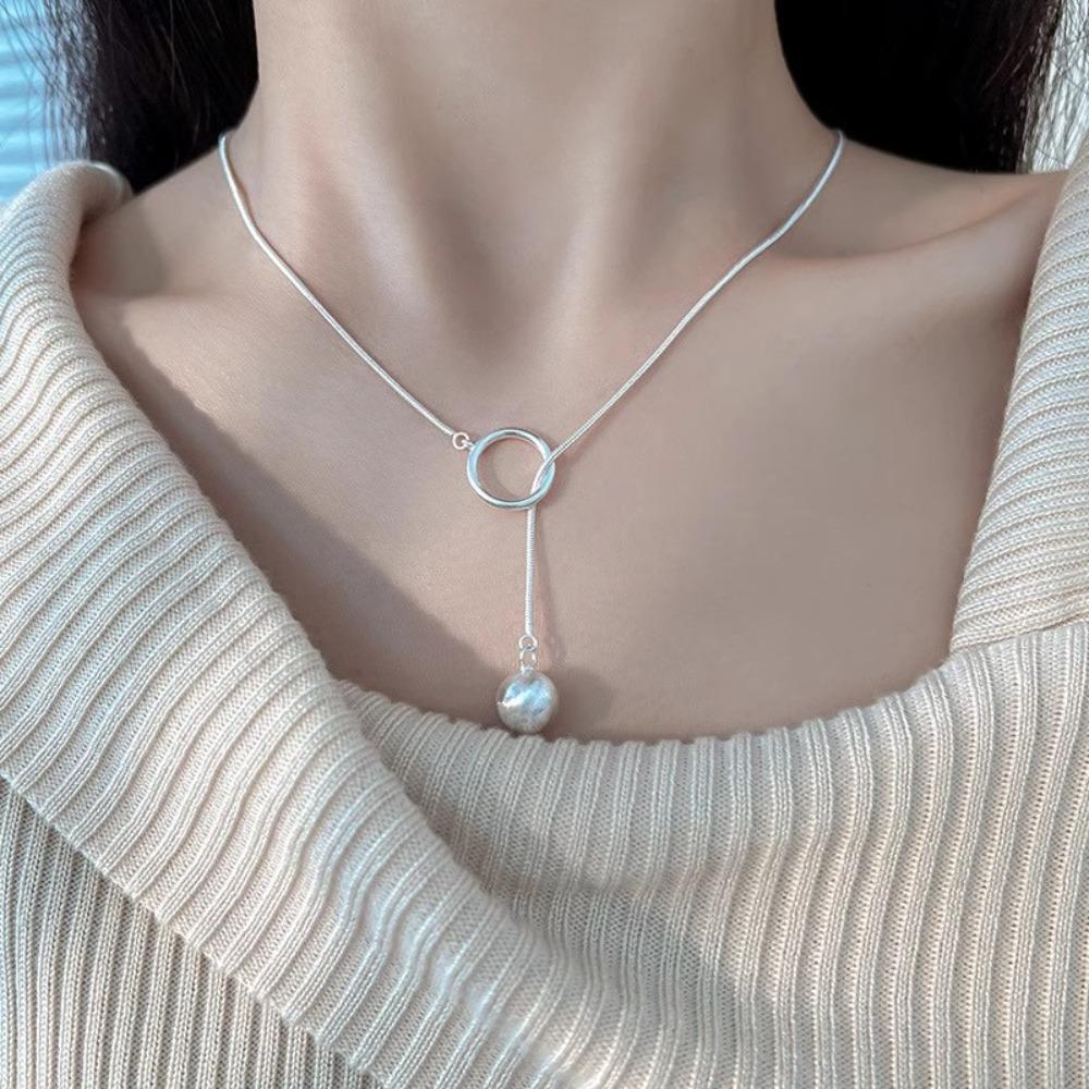 Geometric Shape Long Sweater Chain Luxury Silver Bead Necklace Brushed Round Ball Necklace  Gift