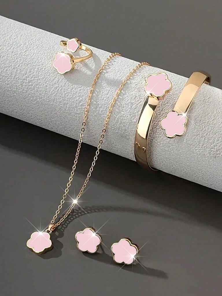 5-teiliges Zirkon-Set Glücksklee Armband, Halskette, Ohrringe, Halskette und Ring Zirkon-Set Geeignet für den täglichen Gebrauch als Geschenk für