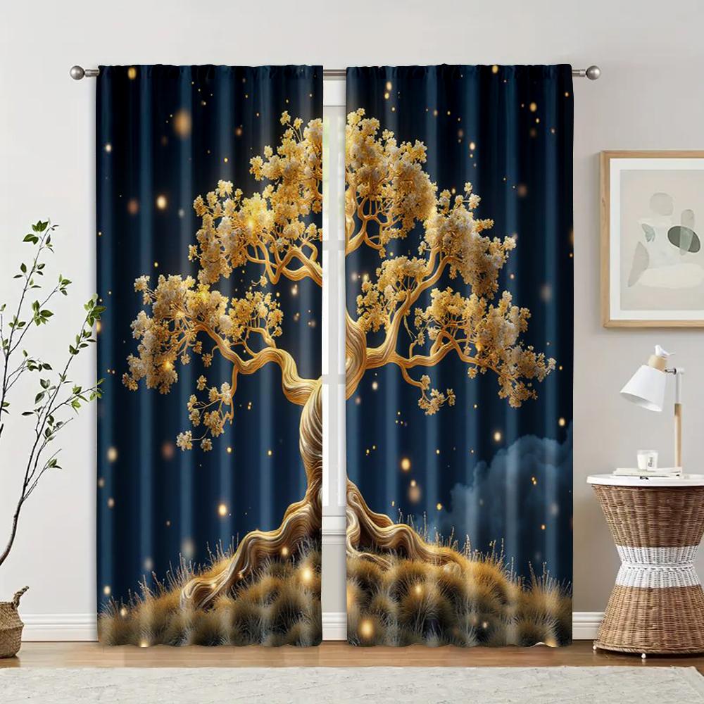 

Set Of 2 Filtering Curtains Excluding Rods Non Movable Without Batteries Golden Treebackgroundsuitable Use Bedrooms Curtain Polyester Ideal For W100*H70(CM)-Grommet top&1PCS