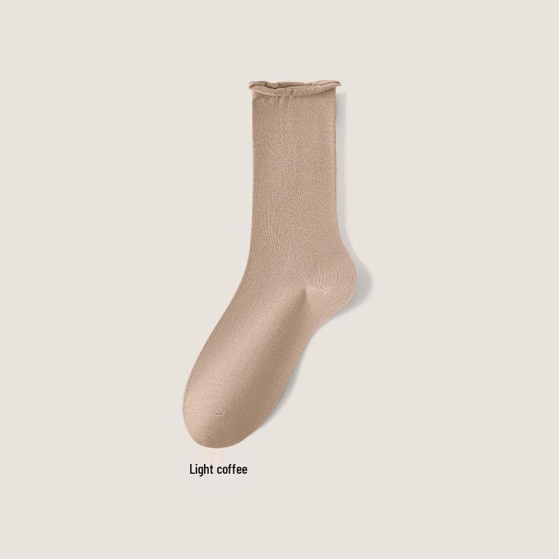 Women's Mid-Calf Cotton Socks: Spring/Autumn Style, Solid Color, Rolled Cuff, Loose Fit, Breathable, Sweat-Absorbent.