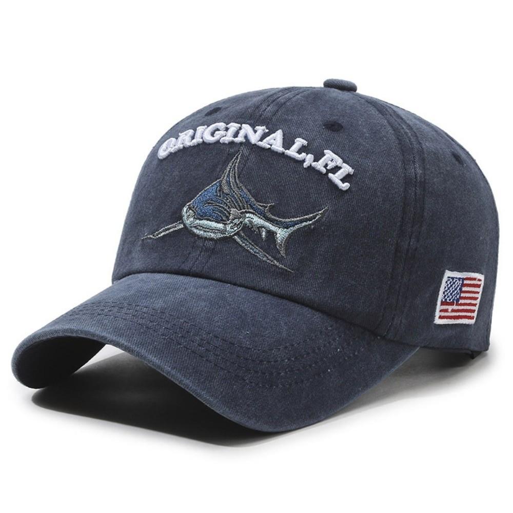 Washed Cotton Shark Embroidered Baseball Cap American Flag Patch Adjustable Distressed Baseball Cap Hip Hop Sunscreen Sun Hat