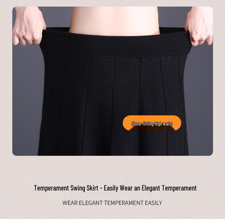 2025 Autumn/Winter Floral Knitted Wool A-Line Skirt - High Waist, Elastic, Thick Long Swing Skirt