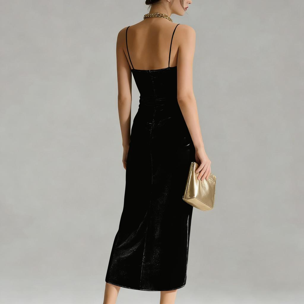 Modna i casualowa damska welurowa sukienka bez rękawów z długim rozcięciem, podkreślająca figurę