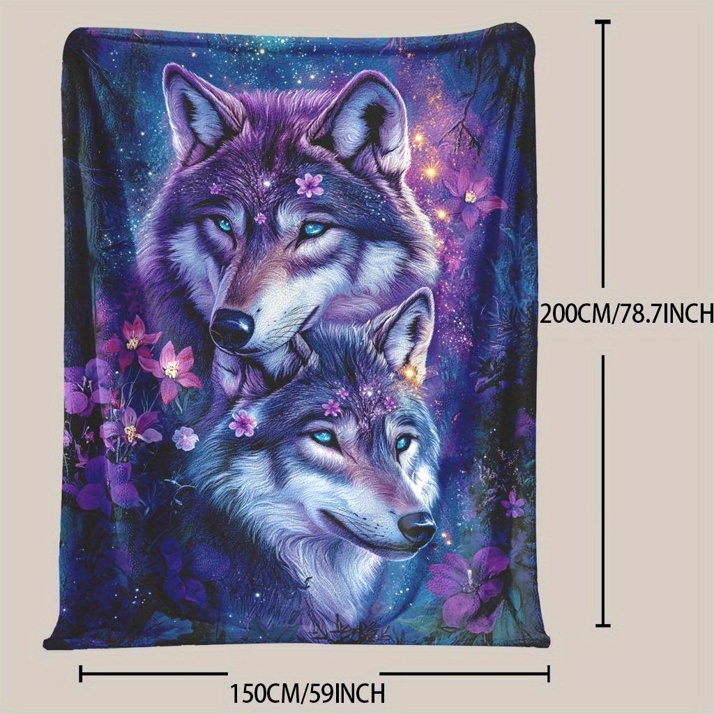 Two Wolves and Floral Patterns Flannel Printed Blanket Suitable for All Seasons Suitable for Living Room Office Sofa and Travel