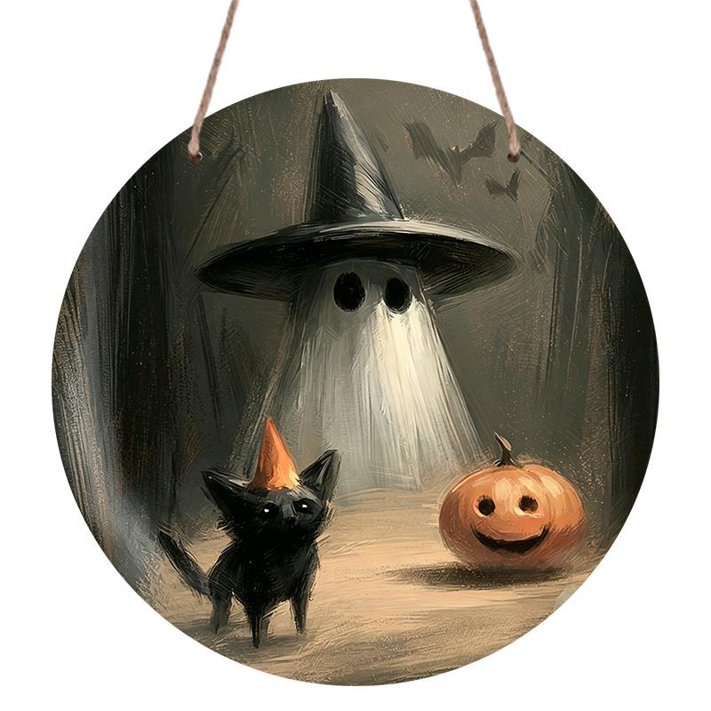2D Flat, 1pc Decorative Plaques and Ornaments Sign, Round Distressed Aluminum Halloween Witch Hat Ghost Black Cat Hanging Plaque, Pumpkin Bat