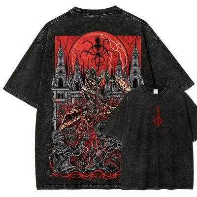 Bloodborne for Anime & Game Fans All-Season Washed T-Shirt, Stylish Personalized Clothing, Plus Size Streetwear Casual Short Sleeve Tee Tops