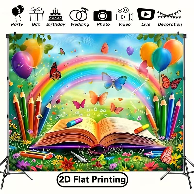 Rainbow Book & Pencil Photo Booth Backdrop, First Day of School Party Decor