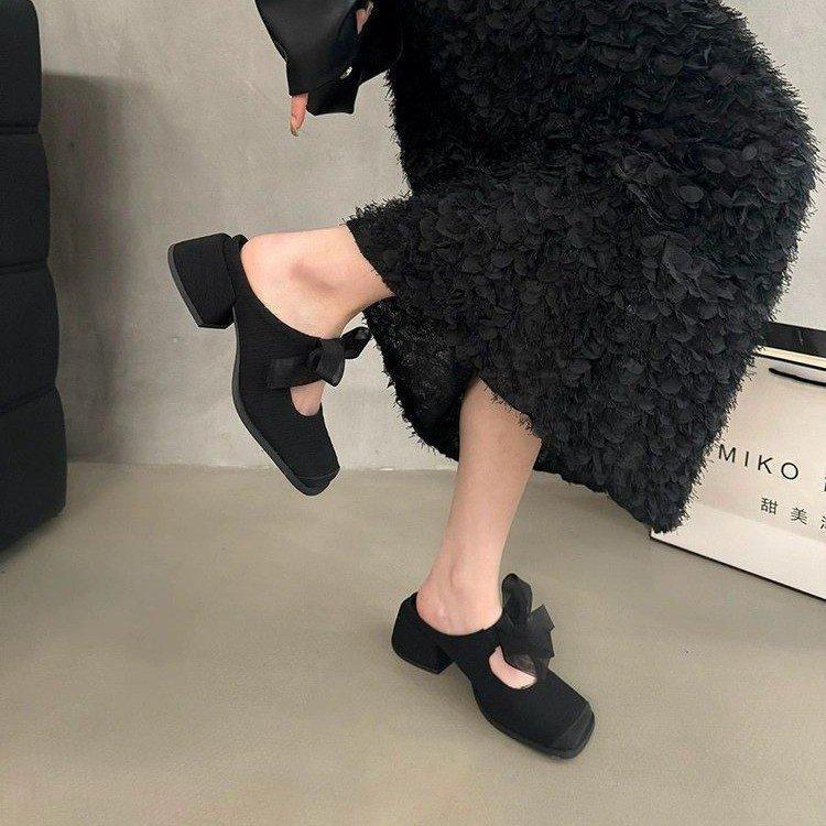 2025 Spring and Summer New Bag Head Cool Slippers Women's Outer Wear Square Head Korean Version Thick Heel Bow Versatile Lazy Half Slippers