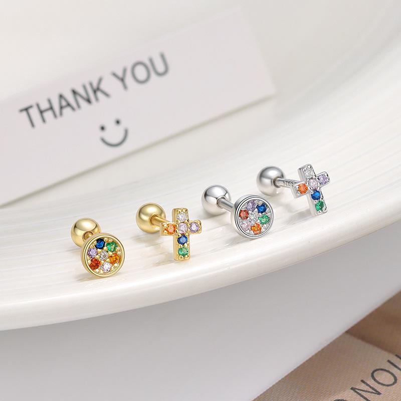 S925 Sterling Silver Asymmetrical Colorful Zircon Cross Screw Earrings for Women Simple Fashionable Earrings