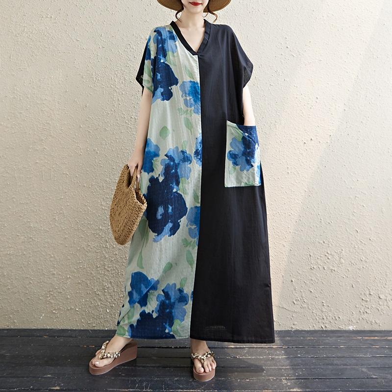 Short Sleeve Plus Size Cotton Vintage Floral New In Dresses for Women Casual Loose Maxi Long Summer Dress